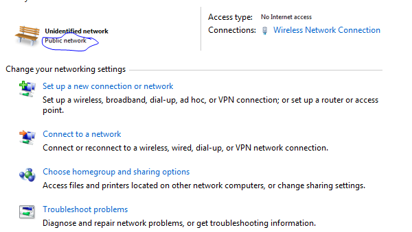 showing unidentified network in windows 7