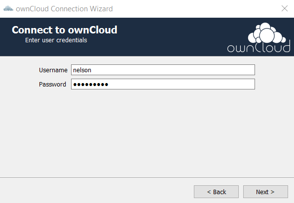 Enter ownCloud username and password 