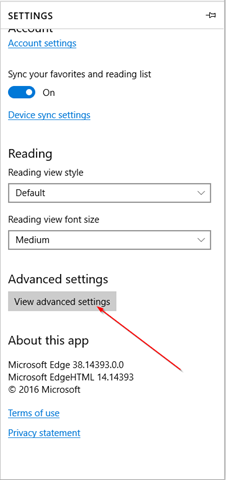 Edge advanced settings 